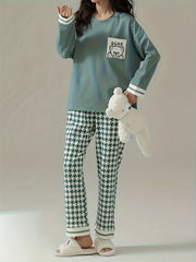 Bear Print Pajama Set Long Sleeve Crew Neck Top & Pants