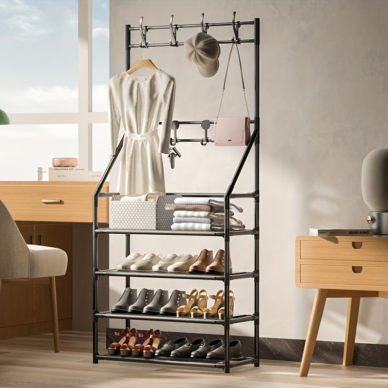 Entrance Coat Rack Foyer Shoe Rack with Storage Shelves & Hooks