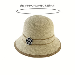 Camellia Straw Sun Hat Striped Bucket Hats Outdoor Travel Beach Hats For Women