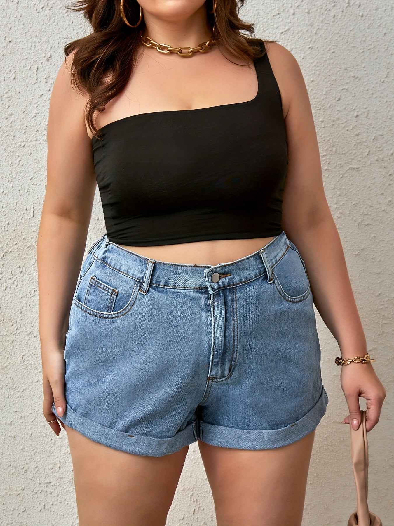 Solid Denim Shorts with Rolled Trim