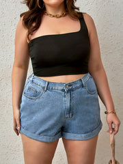 Solid Denim Shorts with Rolled Trim