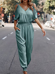 Shirred Waist Cold Shoulder Jumpsuit Casual V neck Jumpsuit Spring & Summer