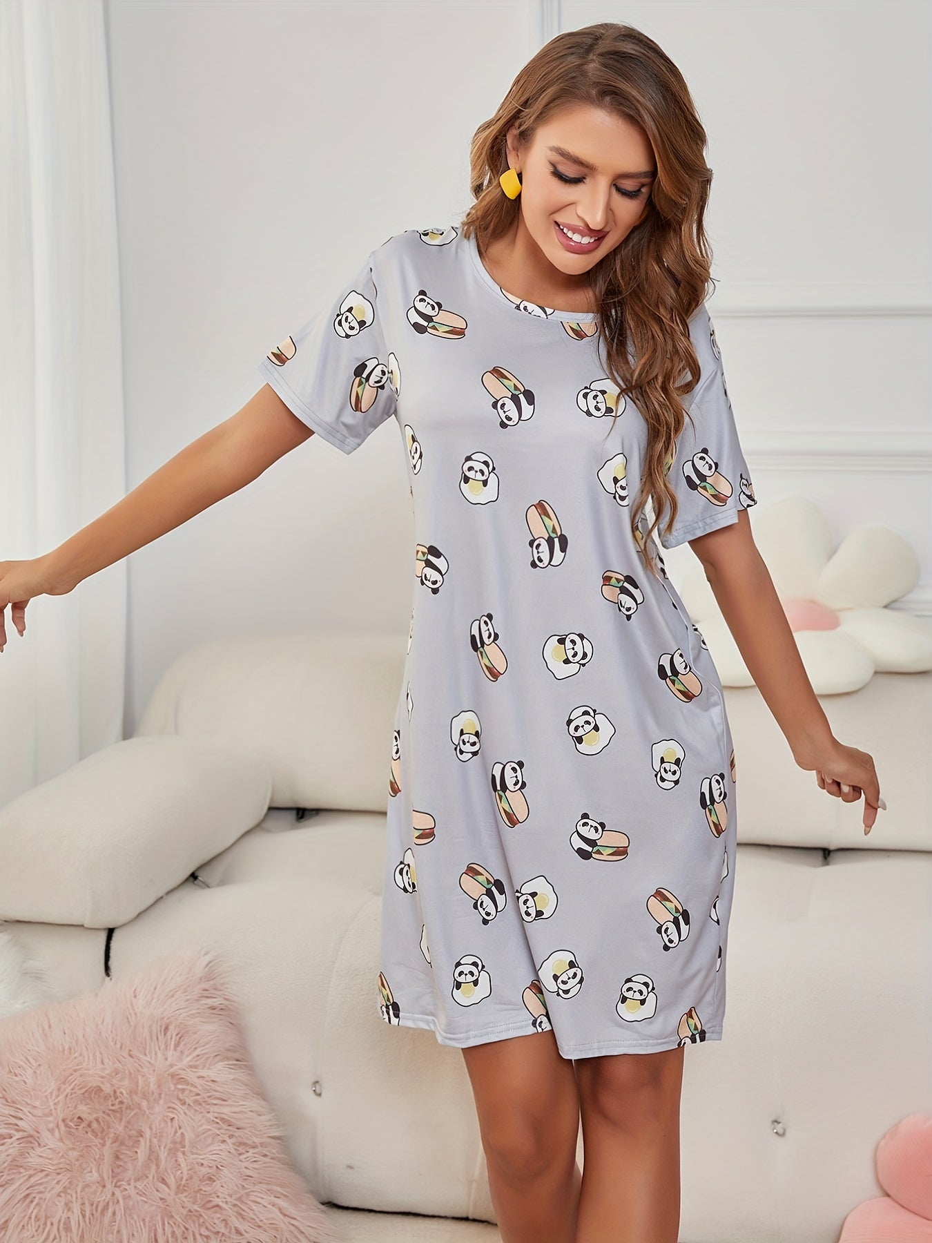 Panda Print Nightdress Crew Neck Short Sleeve Sleep Dress Women's Sleepwear