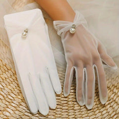 Faux Pearl Decor Wedding Gloves Satin Gauze Bridal Dress Accessories
