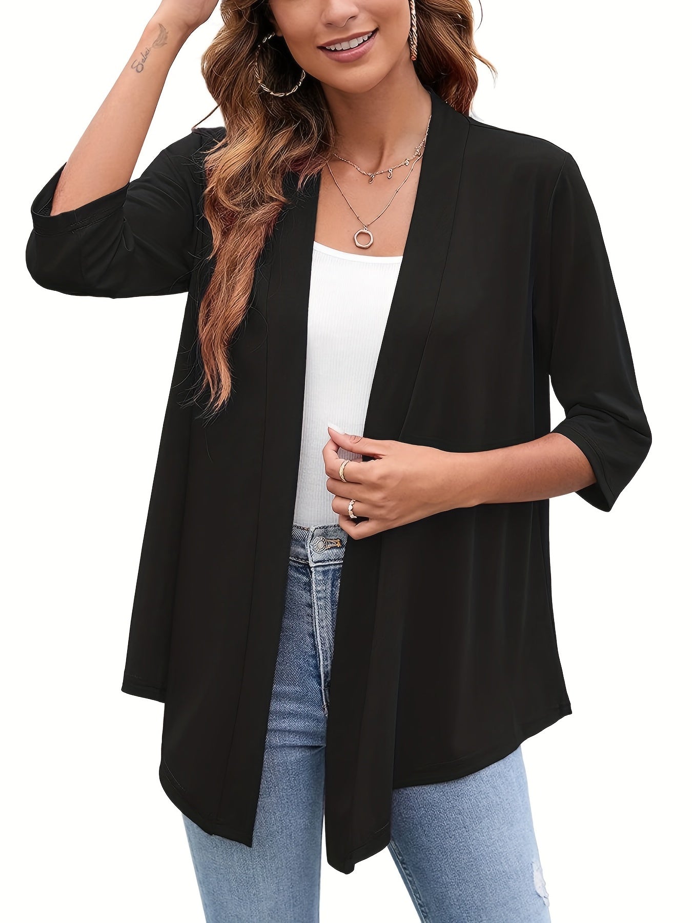 Solid Open Front Draped Cardigan 3/4 Sleeve Casual Cardigan