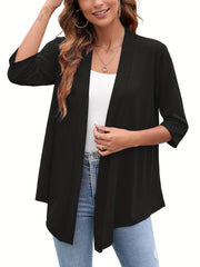 Solid Open Front Draped Cardigan 3/4 Sleeve Casual Cardigan