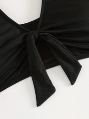 Ribbed Knit Bow Front V Neck Bikini Top