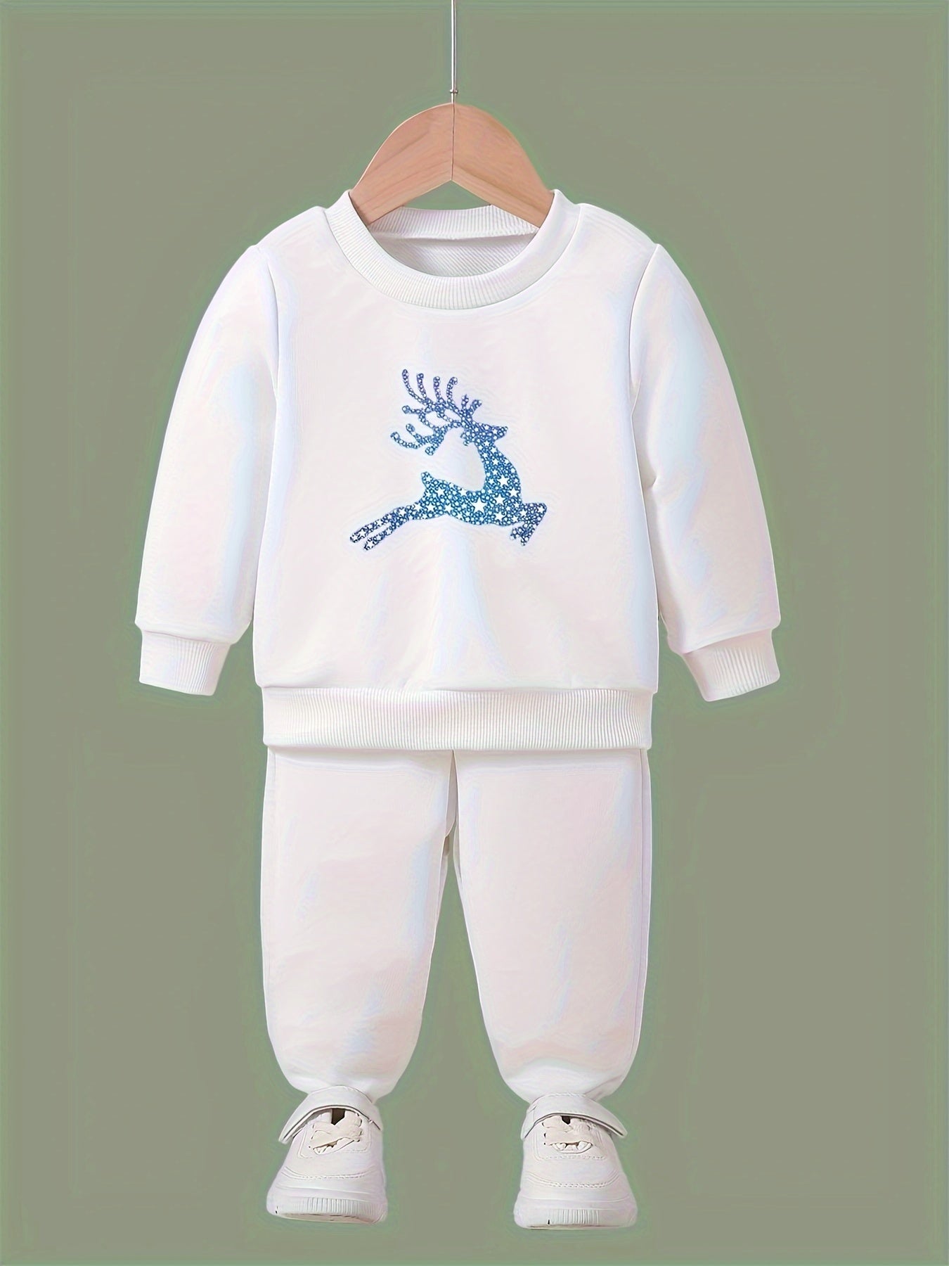Girls 2pc Deer Pattern Crew Neck Sweatshirt Set