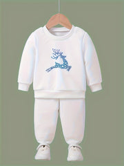 Girls 2pc Deer Pattern Crew Neck Sweatshirt Set
