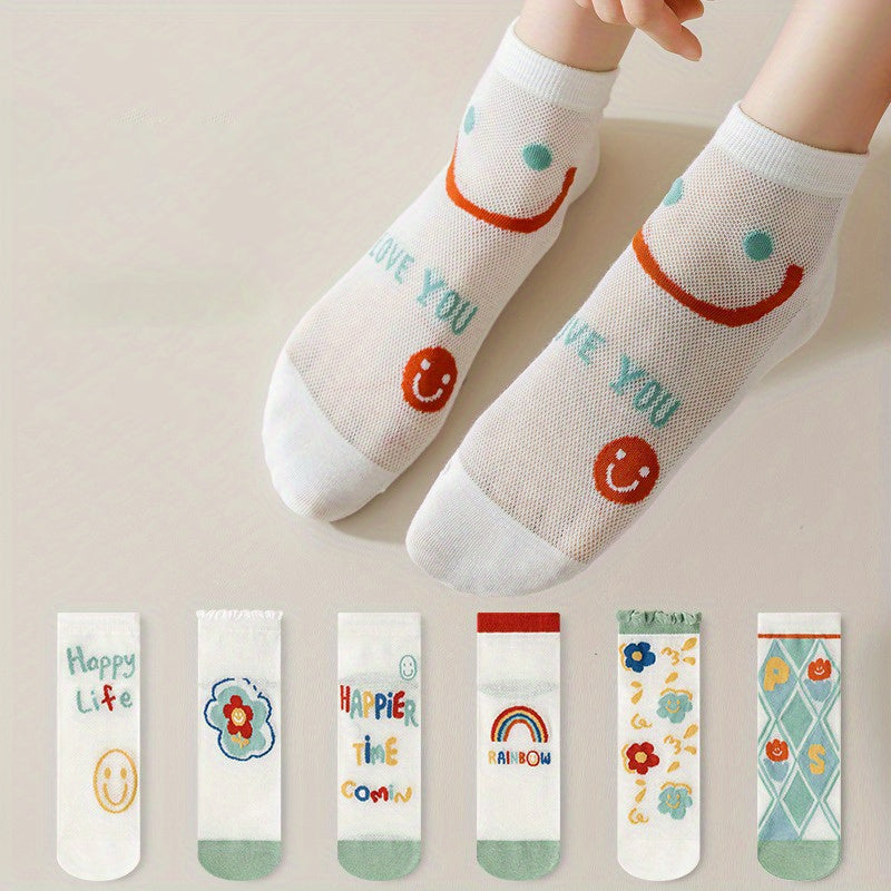 6 Pairs Smiling & Floral Print Women's Socks Sweet & Breathable Stockings