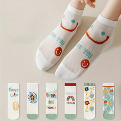 6 Pairs Smiling & Floral Print Women's Socks Sweet & Breathable Stockings