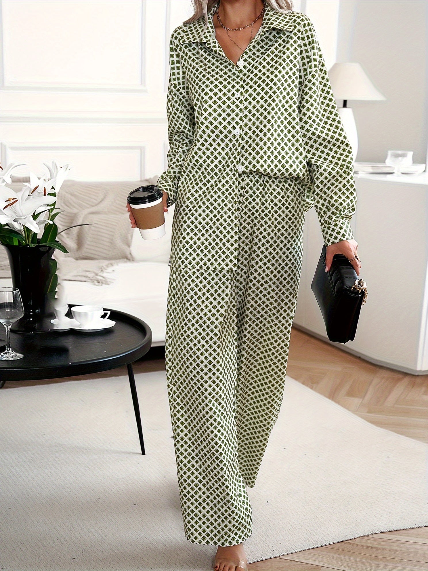 Argyle Print Blouse & Wide Leg Pants Set