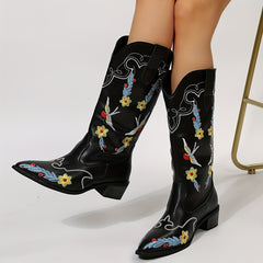 Women's Embroidered Floral Boots Chunky Heel Pointed Toe Faux Leather Shoes