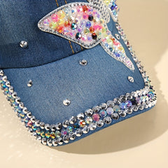 Rhinestone Butterfly Patch Baseball Cap Denim Distressed Dad Hat