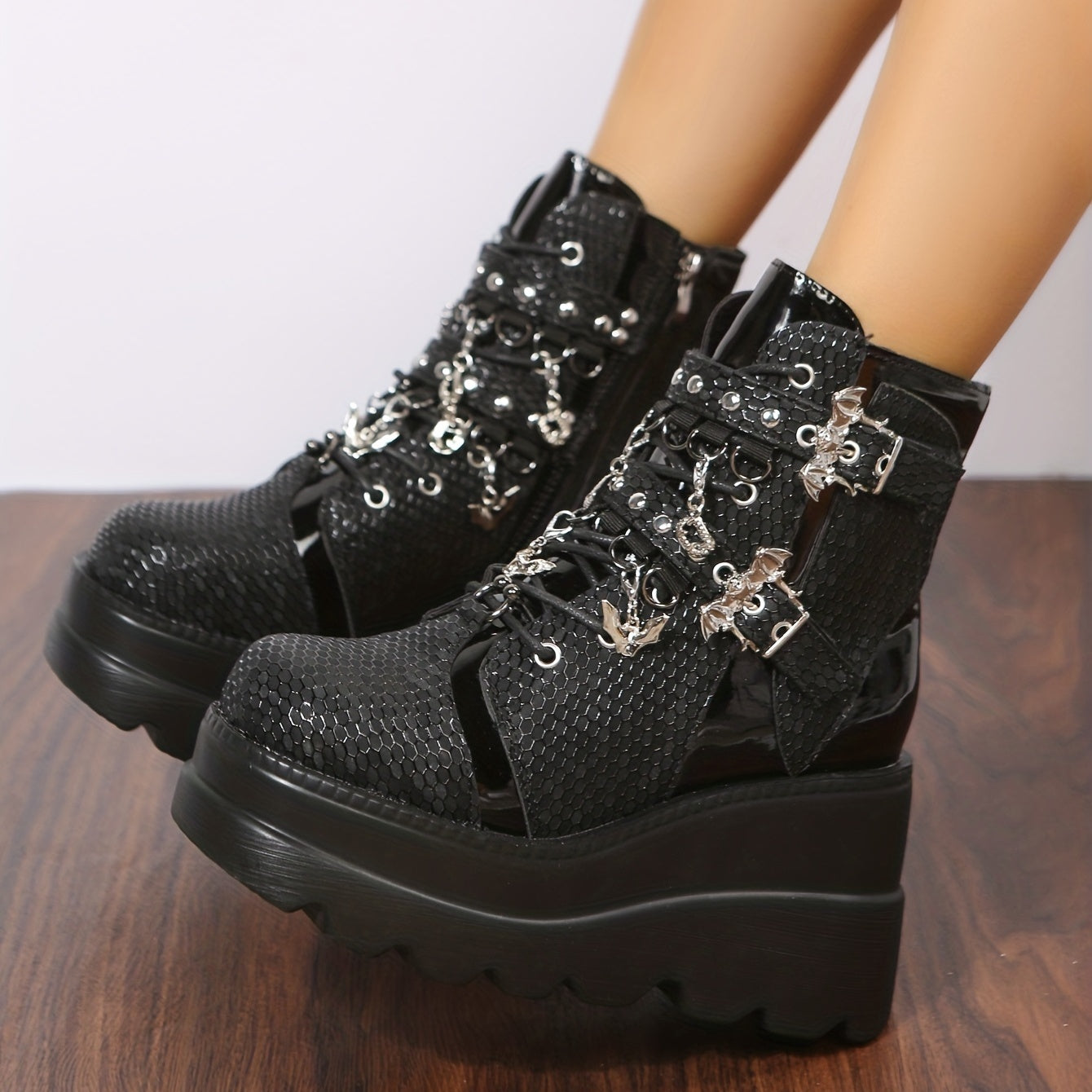Geometric Pattern Wedge Heel Boots Side Zip Comfort Platform Short Boot