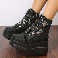 Geometric Pattern Wedge Heel Boots Side Zip Comfort Platform Short Boot