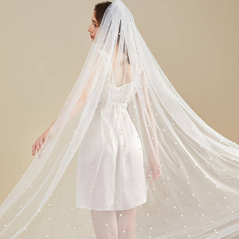 Bridal Veil with Faux Pearls 2m Long Single Layer Mesh