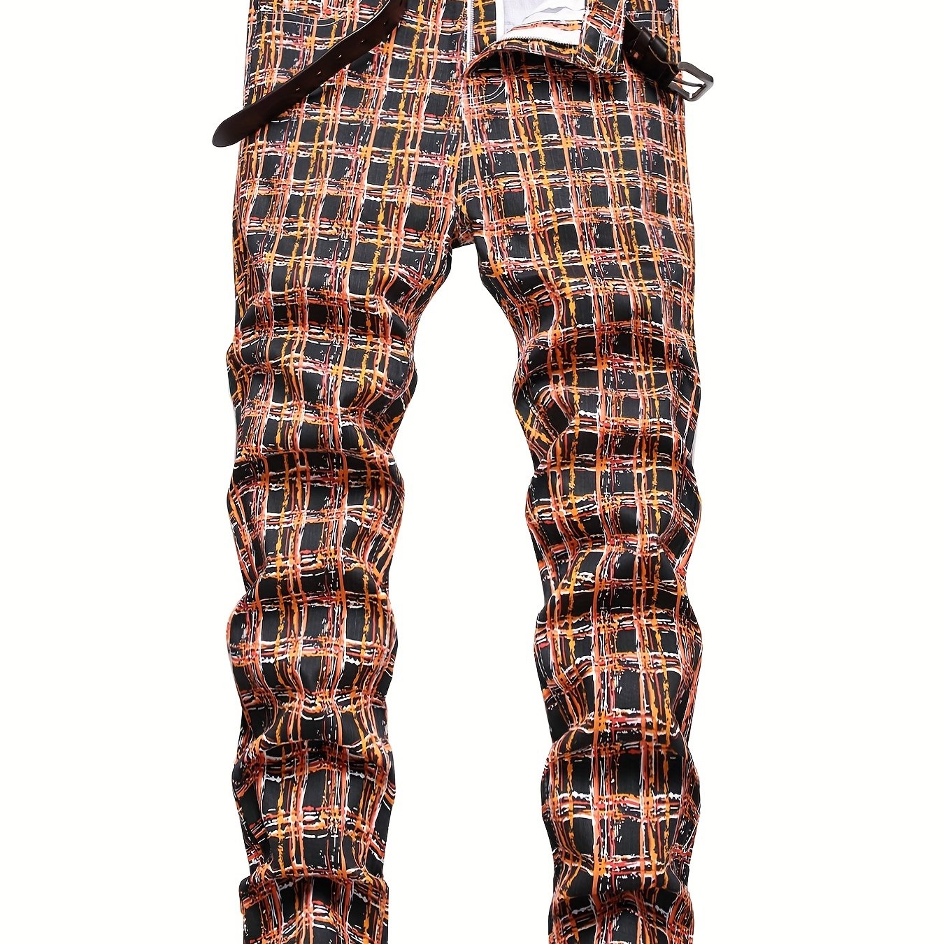 Colorful Plaid Cotton Jeans Men's Casual Creative Allover Print Mid Stretch
