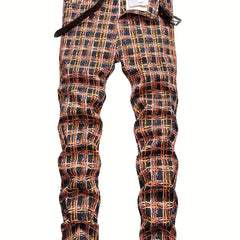 Colorful Plaid Cotton Jeans Men's Casual Creative Allover Print Mid Stretch