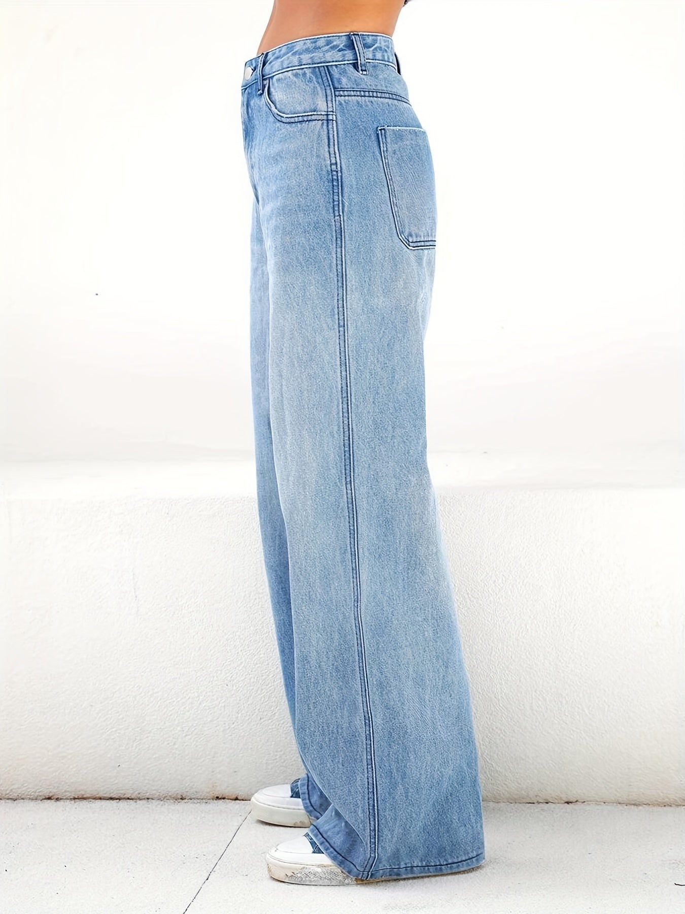 High Waist Wide Leg Jeans Slash Pockets High Rise Straight Jeans Women's Denim