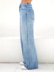 High Waist Wide Leg Jeans Slash Pockets High Rise Straight Jeans Women's Denim