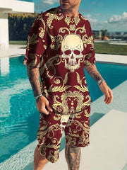 Men's Casual Floral Skull T shirt & Stretch Shorts For Outdoor