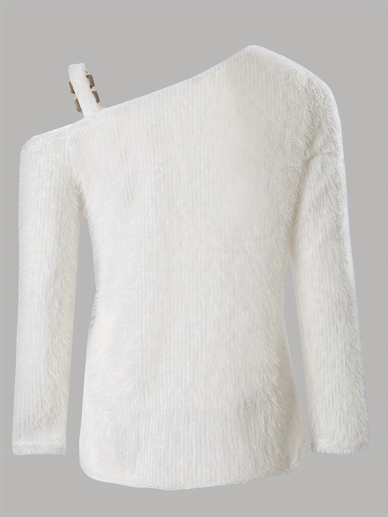 Solid Eyelash One Shoulder Metal Decor Sweater