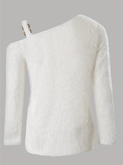 Solid Eyelash One Shoulder Metal Decor Sweater