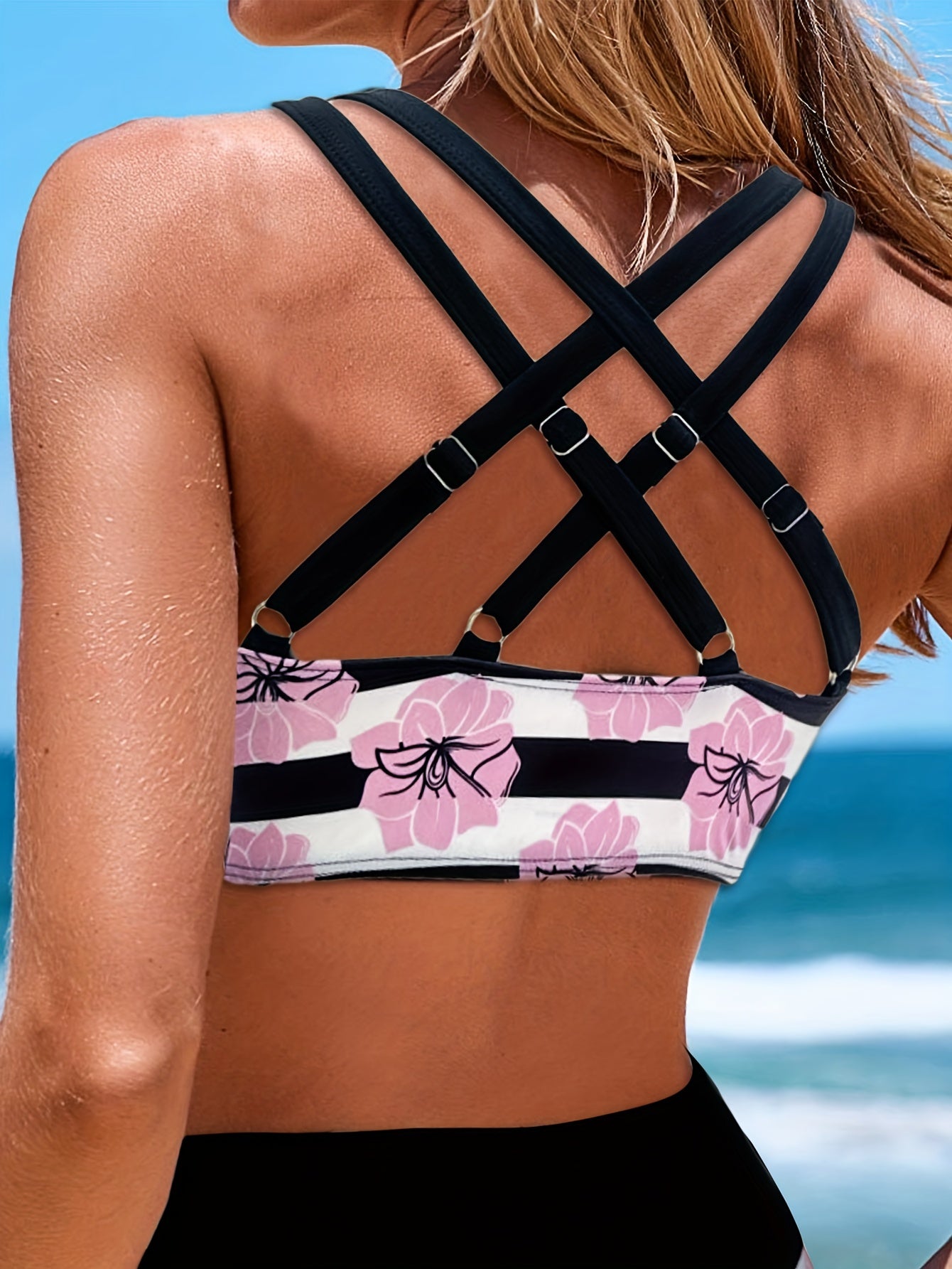 Floral Striped Print Drawstring Bikini Set High Waist Swimsuits