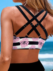 Floral Striped Print Drawstring Bikini Set High Waist Swimsuits