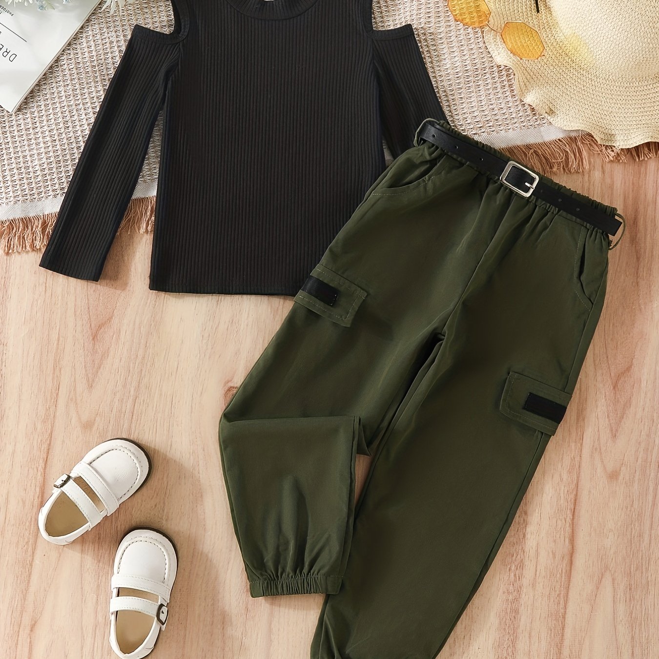 Girl's 2pcs Ribbed Top & Cargo Pants Set Shoulder Cut Out Casual Outfits