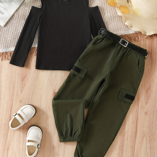 Girl's 2pcs Ribbed Top & Cargo Pants Set Shoulder Cut Out Casual Outfits