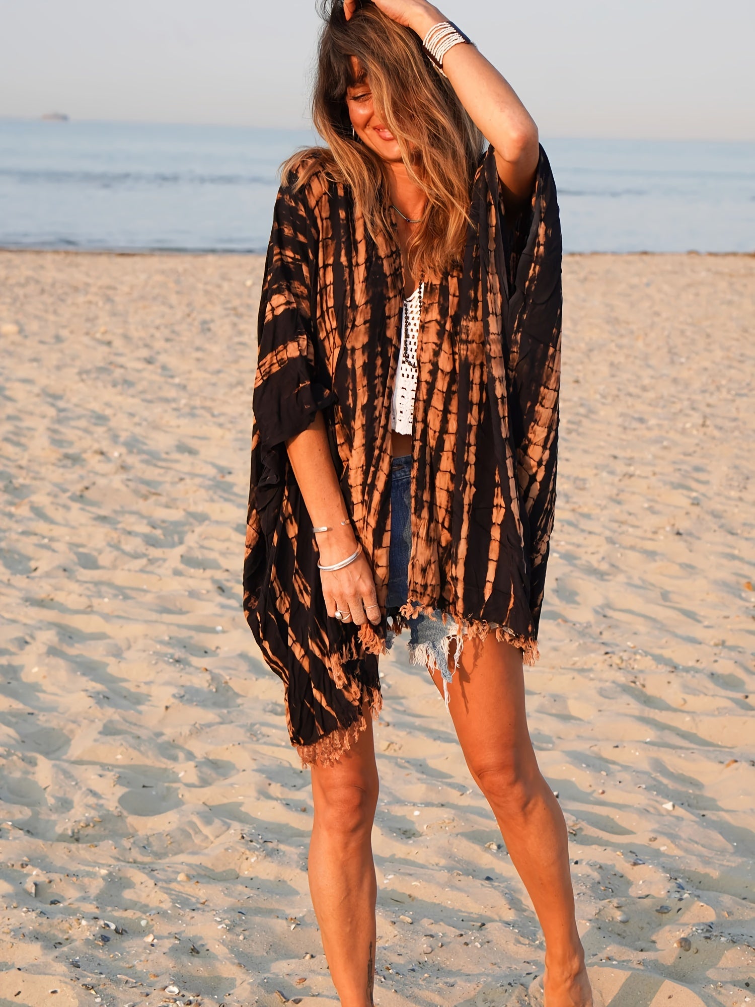 Tie Dye Print Tassel Trim Open Front Cover Up Cardigan Loose Fit