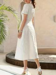 Solid High Waist V Neck Midi Dress Short Sleeve