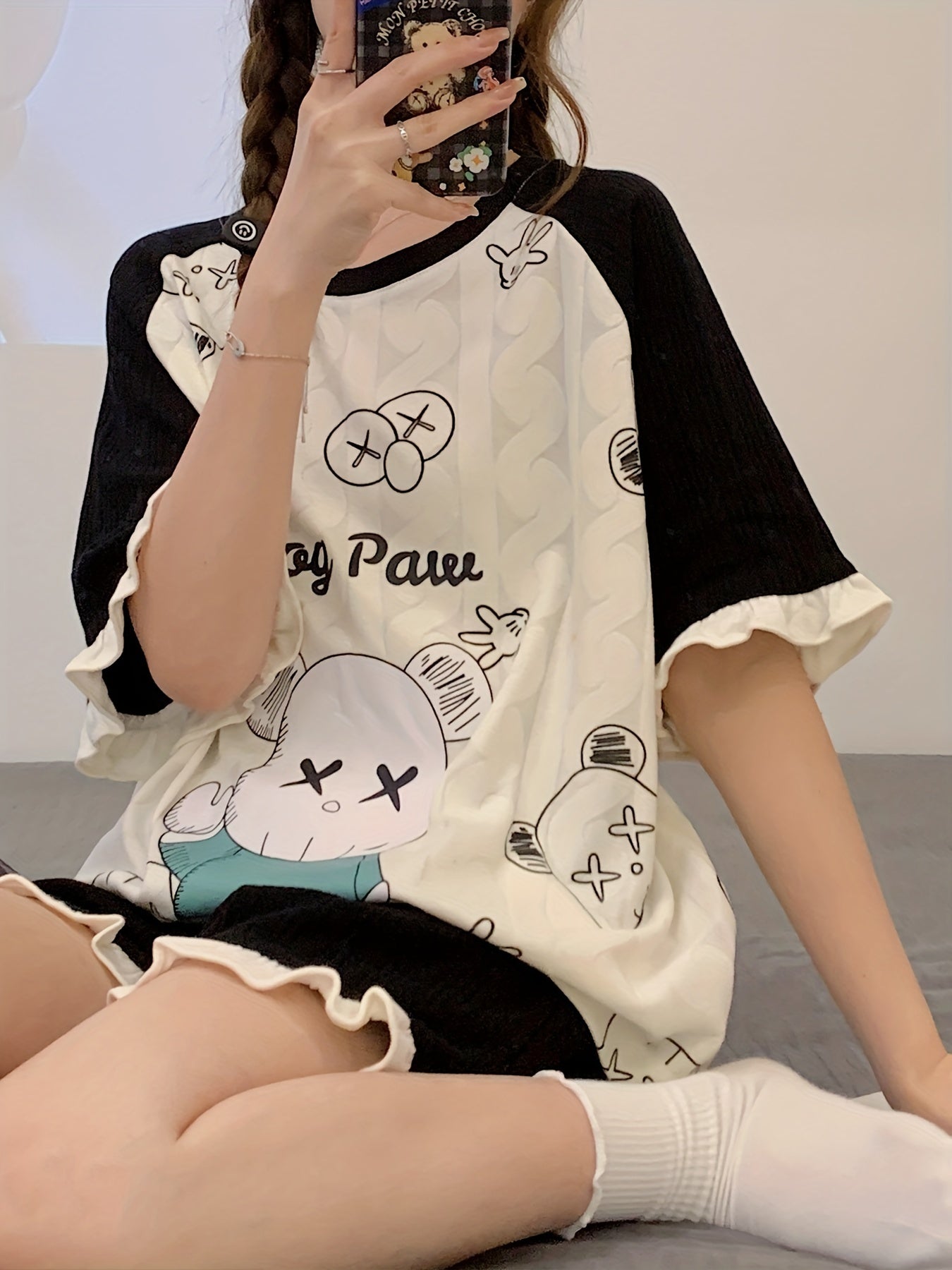 Cartoon Print Pajama Set Short Sleeve Crew Neck Top & Ruffle Shorts