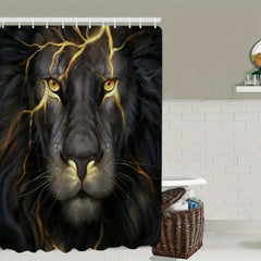 Lion Print Shower Curtain Set with 12 Hooks & Non-Slip Bathroom Rug