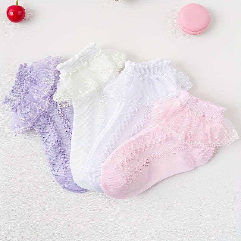 4 Pairs Lace Ruffled Knit Socks Soft Comfortable Breathable Cotton