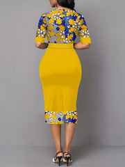 Striped & Floral Bodycon Dress Short Sleeve Crew Neck Spring Summer