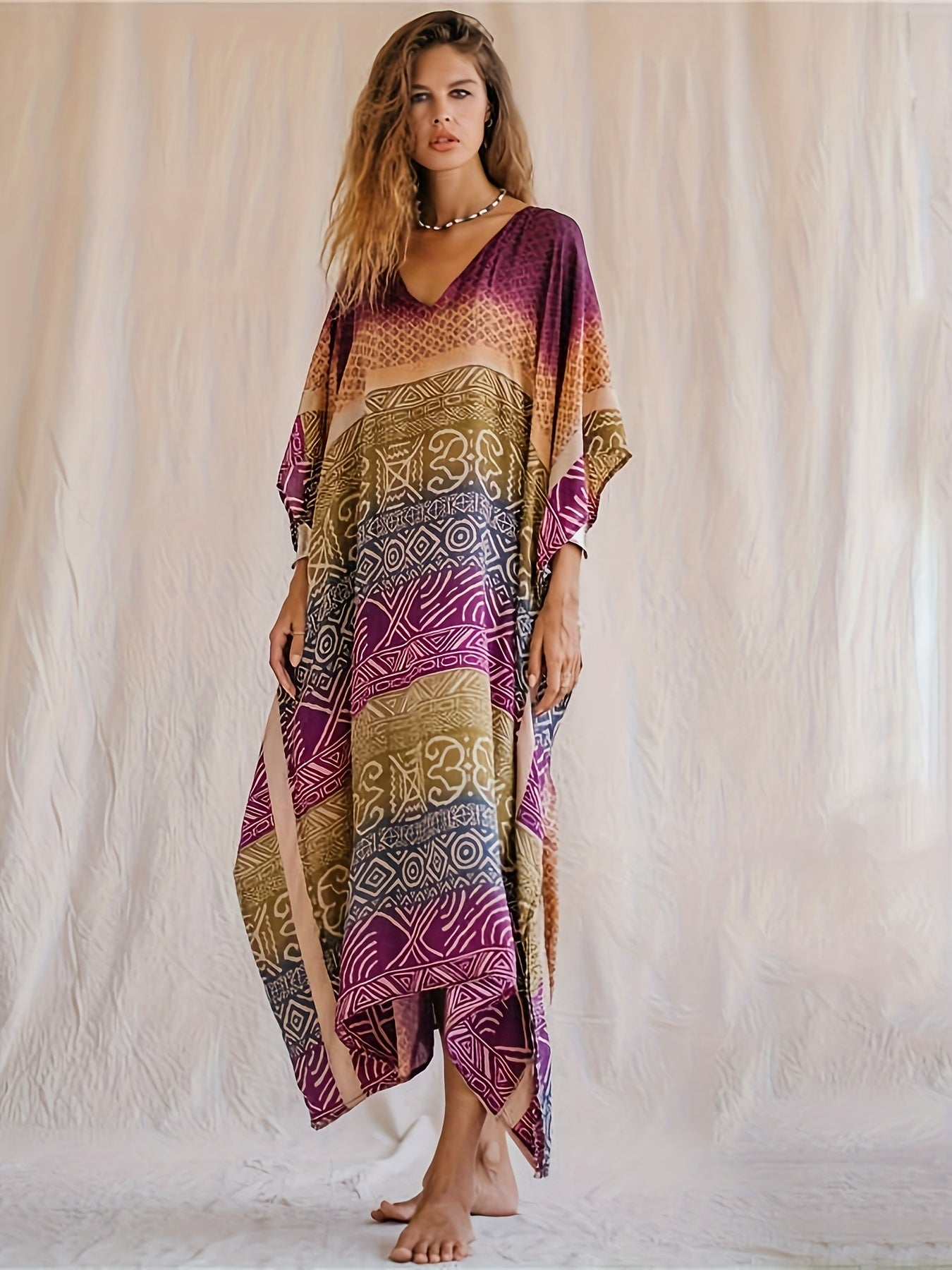 Boho Kimono Women's Plus Tribal Print Batwing Sleeve Split Maxi Cover