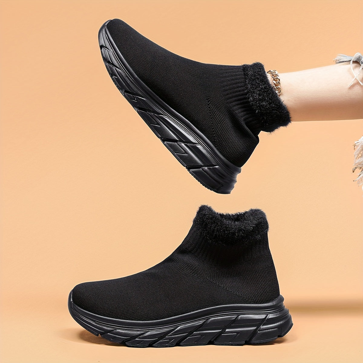 Plush Furry Slip On Mesh Breathable Running Shoes