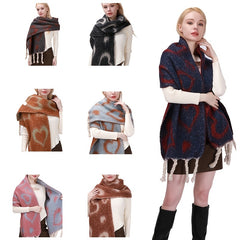 Women's Heart Pattern Scarf Winter Warm Classic Tassel Scarf