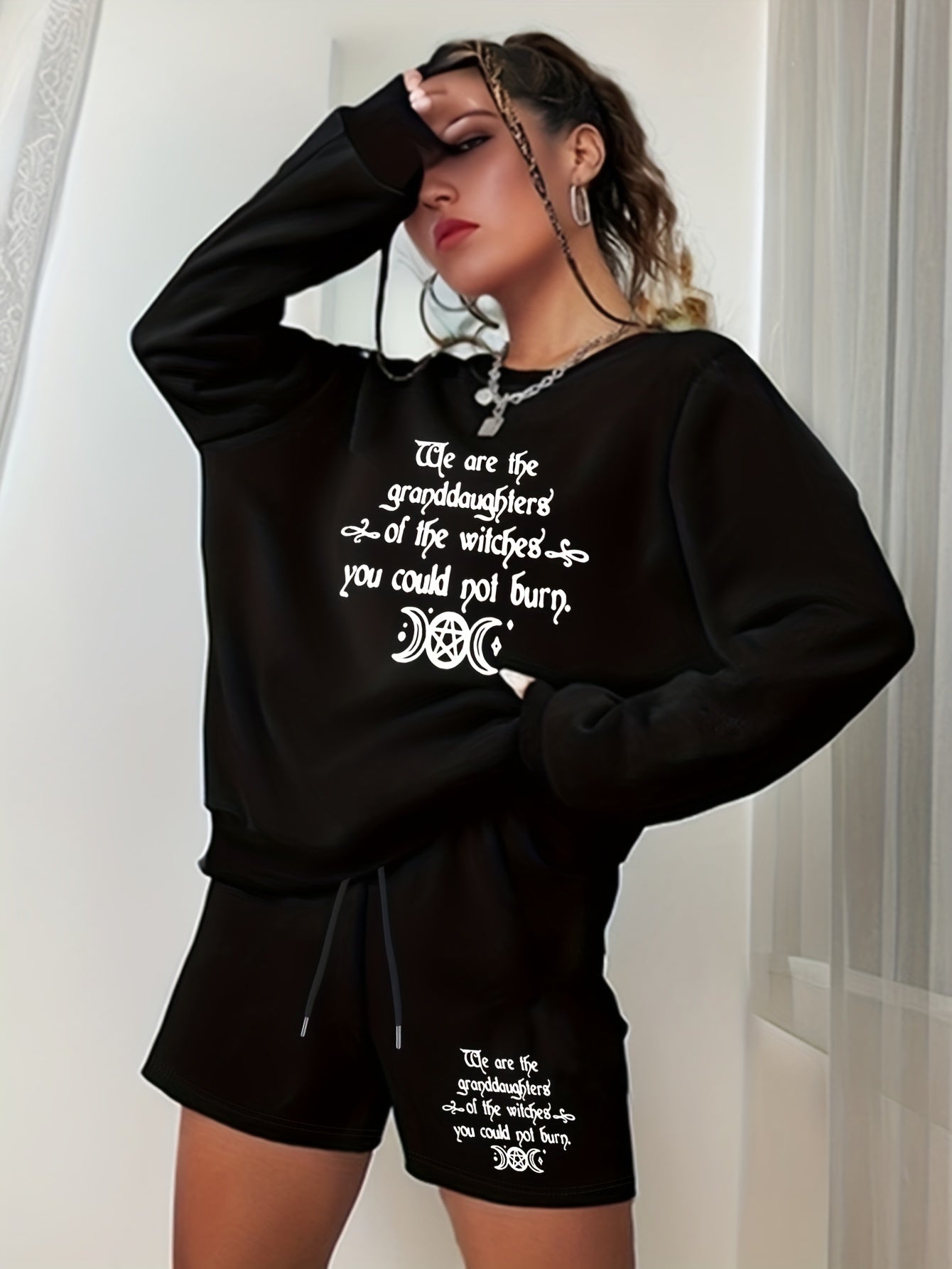 Plus Size 2 Piece Set Women's Slogan & Moon Print Sweatshirt & Shorts Outfits