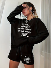 Plus Size 2 Piece Set Women's Slogan & Moon Print Sweatshirt & Shorts Outfits