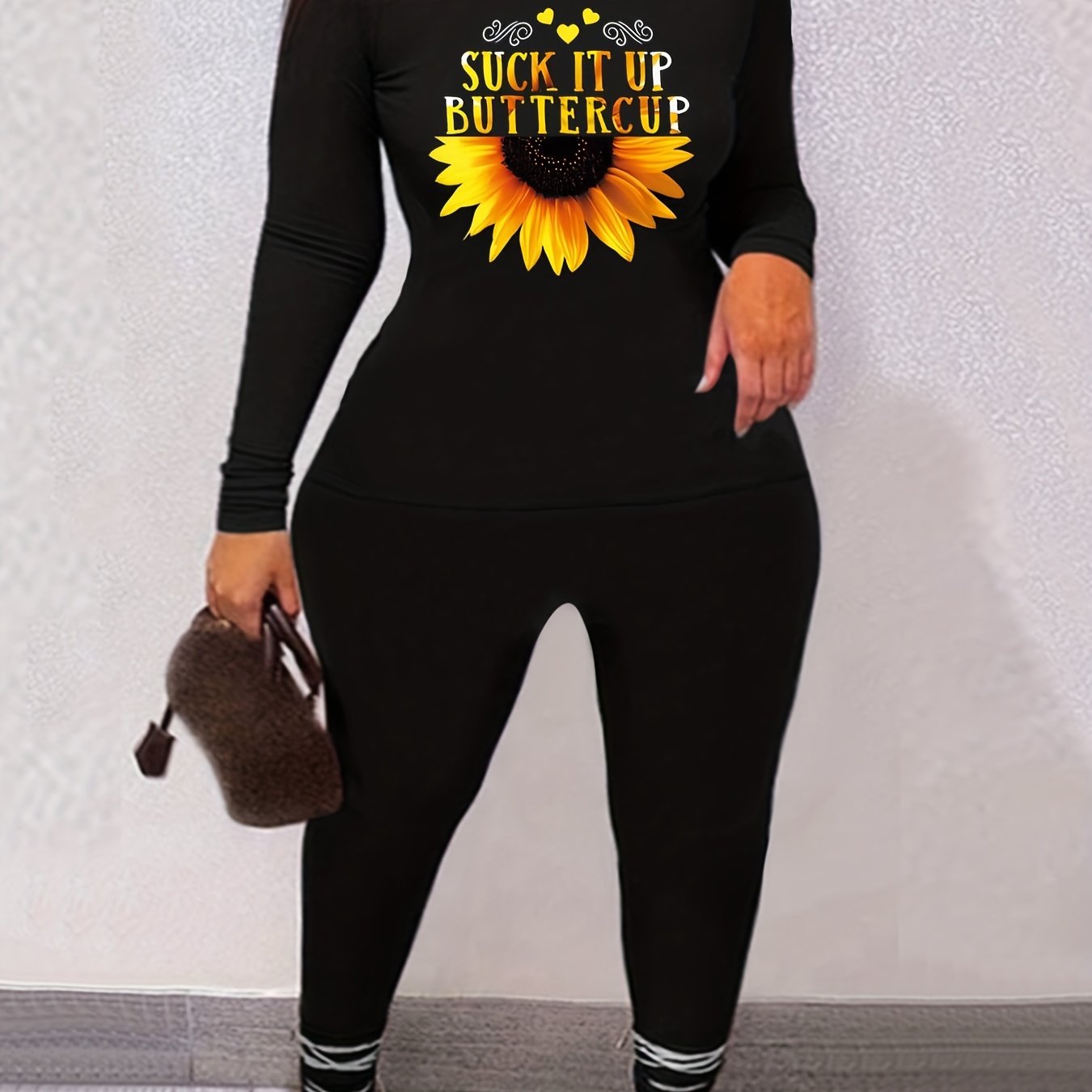 Women's Plus Sunflower & Letter Print Tee & Leggings Outfits Set