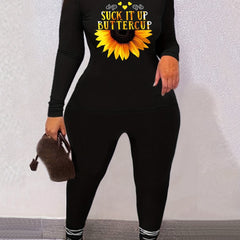 Women's Plus Sunflower & Letter Print Tee & Leggings Outfits Set