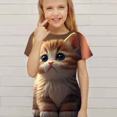 Sweet Cat Graphic Short Sleeve T shirt for Girls Summer Gift
