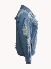 Women's Plus Ripped Denim Jacket - Long Sleeves Lapel Collar