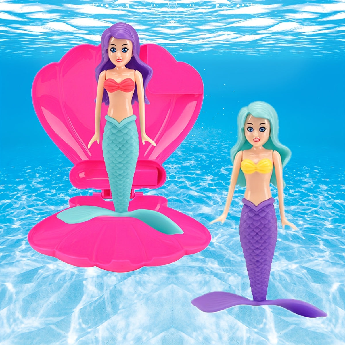 3pcs Mermaid Pool Toys Pack Spinning Mermaid with Shell Box Underwater Bath Toys