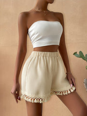 Solid Color Waffle Tassel Shorts Elastic Waist