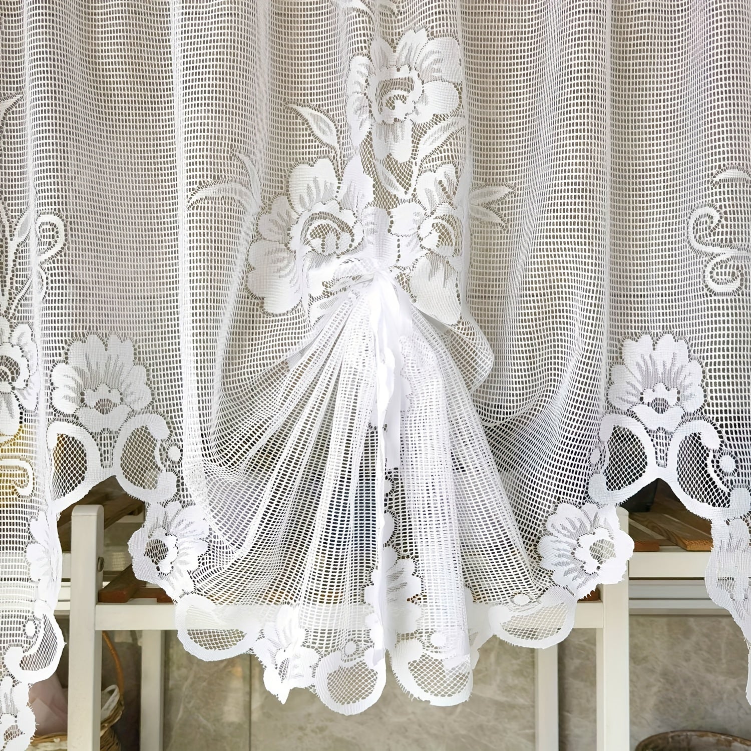Floral Wavy Short Kitchen Curtains Adjustable Height Straps Ties Cafe